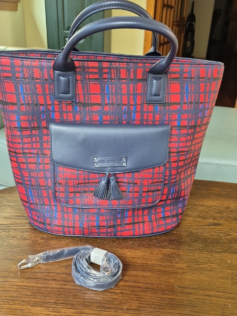 Vera Bradley Red and Navy Plaid Tote with Tassel Pocket